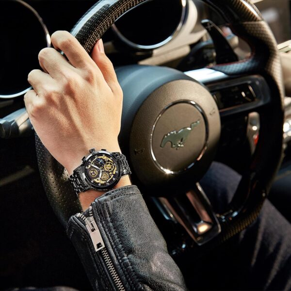 stainless steel strap bin bond fashion watch with smart lock watch for men multifunction chronograph dial analog quartz wristwatch (black) - Image 7
