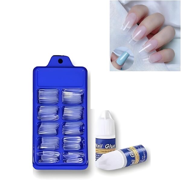 (square shape )artificial nails 100pcs with nail glue, beautiful fancy fake nails ,acrylic nails kit transparent & natural false nail - Image 3