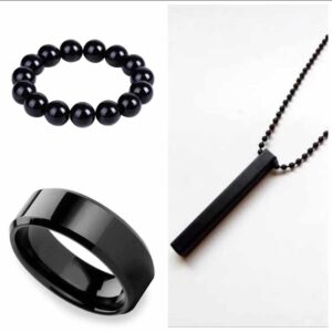 pack of 3 vertical bar boy's pendant, ring and bracelet set, color black