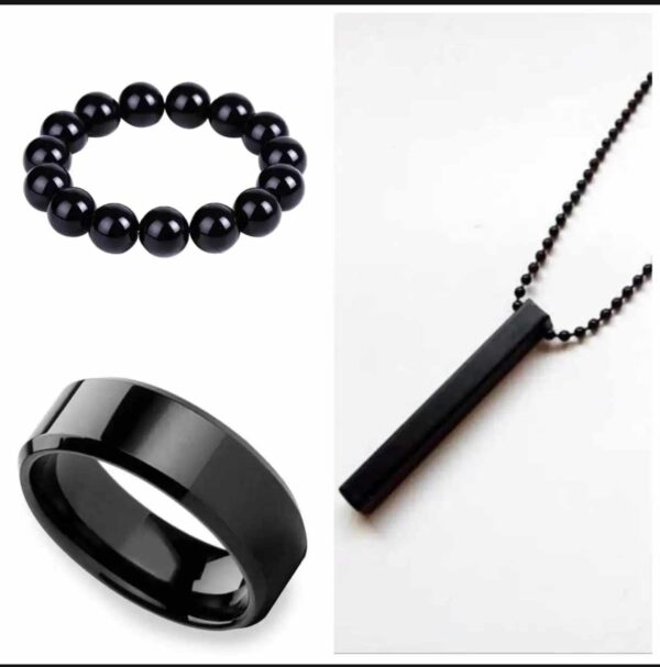 pack of 3 vertical bar boy's pendant, ring and bracelet set, color black