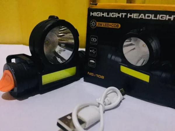 2 in 1 headlight torch lamp – 3w led+cob with built-in battery, waterproof & usb charge – model: 108 - Image 7