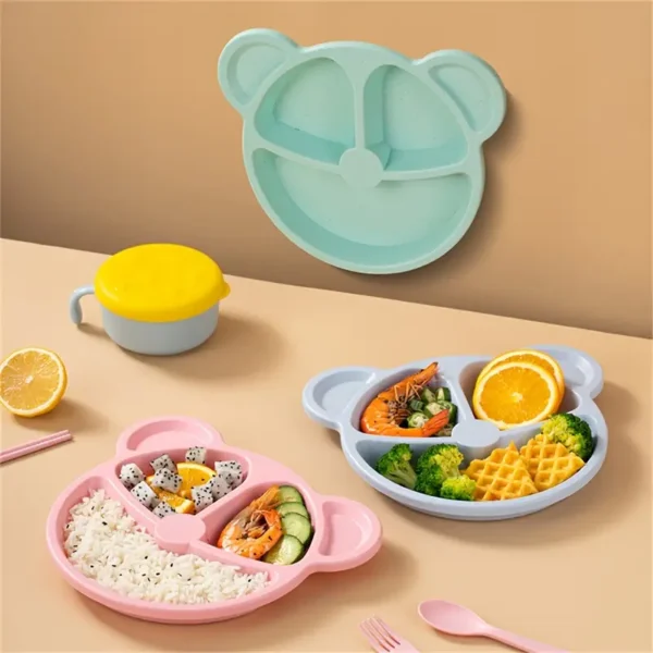 5 pcs bear plate set - cartoon compartment dinner plate | includes divided plate, fork & spoon, perfect for toddlers & preschoolers (random color) - Image 6