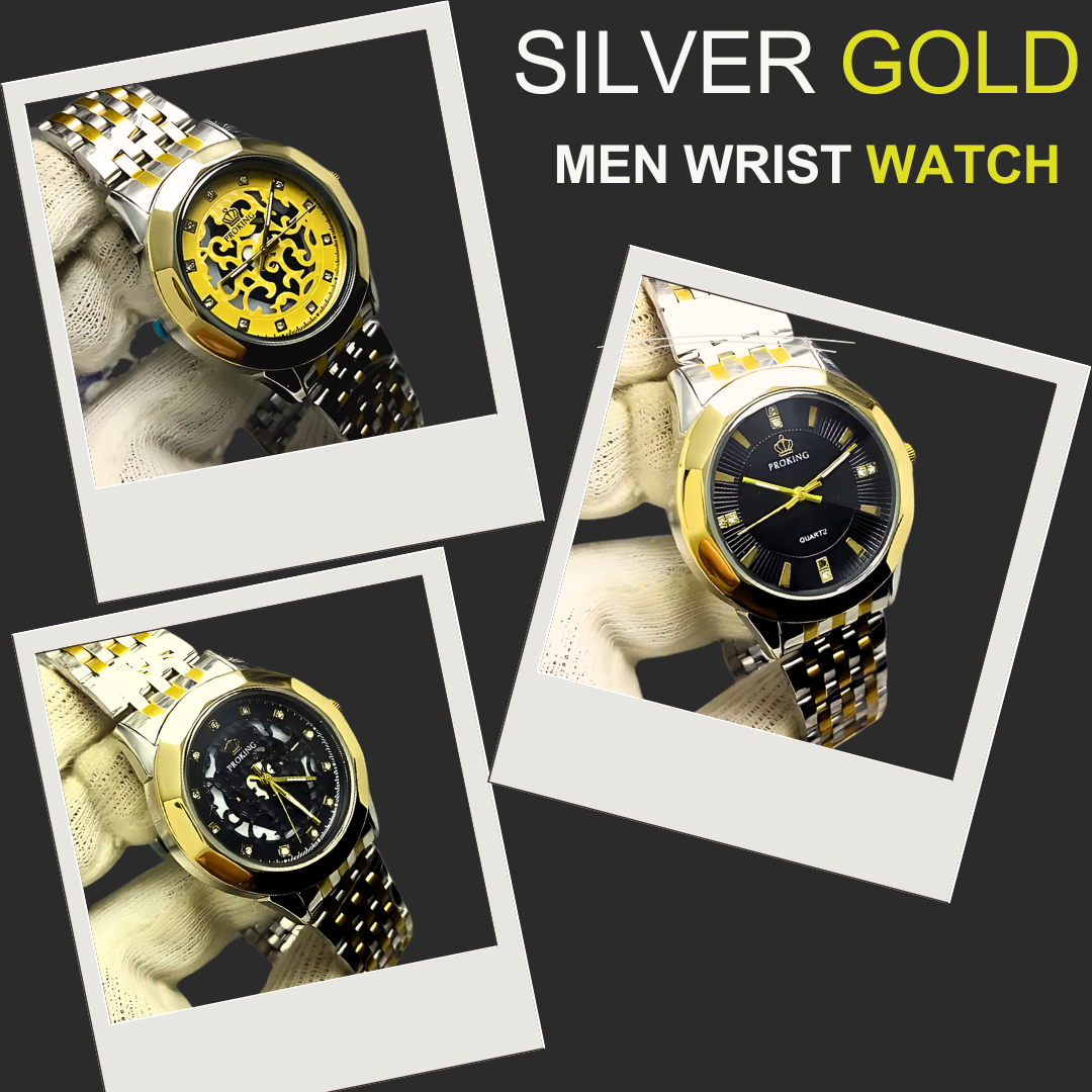 ma1 pro king gents silver gold wrist watch | stainless steel diamond cut quartz watch for boys & mens (random dial color and random strap color))