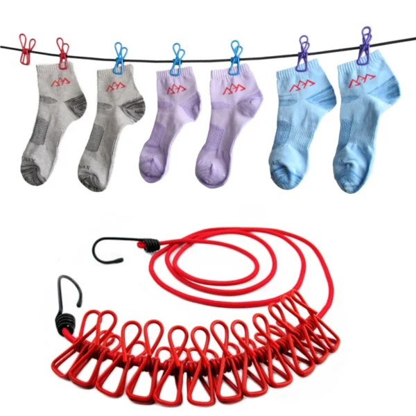12 clips cloth line rope hang portable clothesline- elastic, windproof eco-friendly for travel  home use (random color)