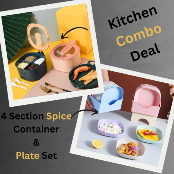 combo deal - 4 section spice container box & multi-function spit bone 10 plate set kitchen storage organizer (random color)