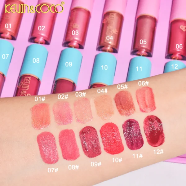 set 12 lip gloss kevin&coco, nuante de rosu si rose, cutie dreptunghiulara, 26.5x16.5x2.2 cm, 200 g, multicolor - Image 3