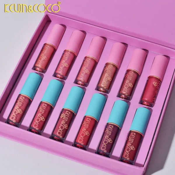 set 12 lip gloss kevin&coco, nuante de rosu si rose, cutie dreptunghiulara, 26.5x16.5x2.2 cm, 200 g, multicolor