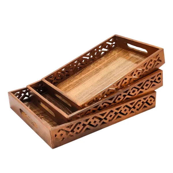 (pack of 3) wooden serving tray set with handles wood serving trays for tea coffee food platter household kitchen multipurpose use - Image 5