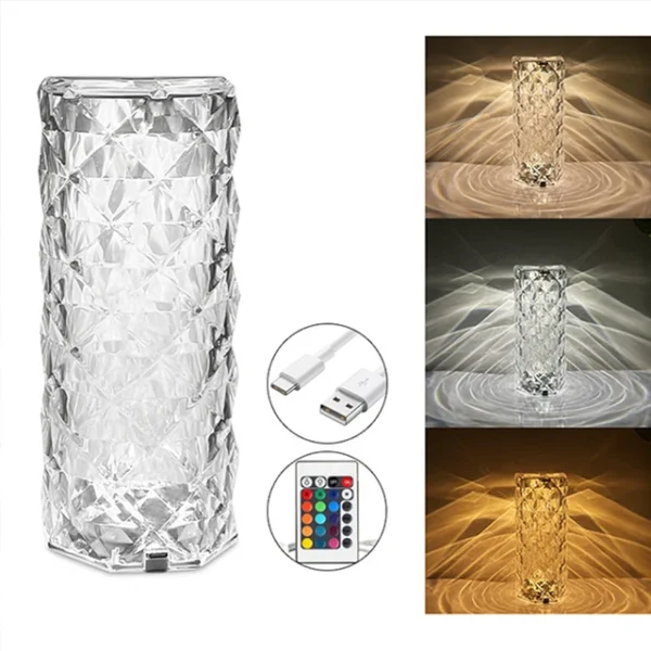 16 colors diamond rose crystal touch lamp bedside acrylic usb rechargeable table lamp - with remote - Image 4