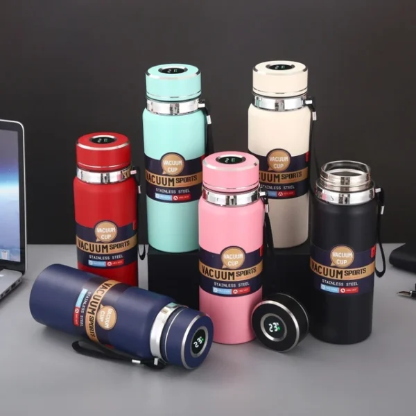 stainless steel water bottle with digital temperature vacuum insulated water bottle, large capacity, outdoor portable sports water bottle with rope handle (random color)