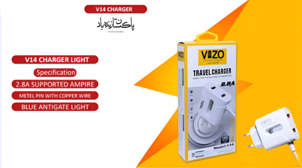 vizo v14 fast charger 2.8a with copper connector | android mobile phone charging adapter with usb data cable - Image 2