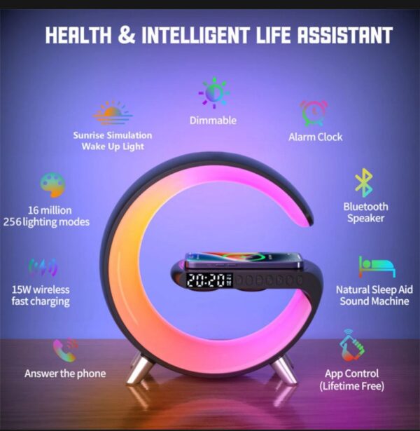 g11  g shape bluetooth speaker multifunctional lamp digital alarm wirless charging memory card supported - Image 3