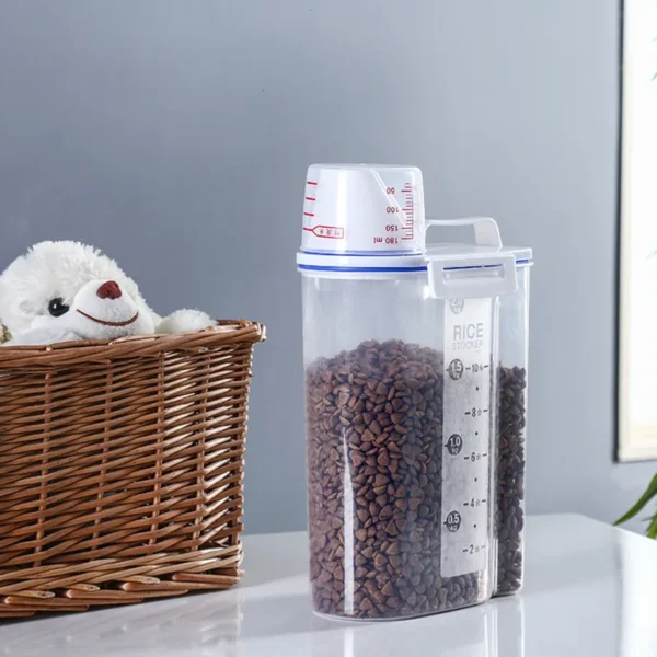 container, 2kg storage container, rice storage container, dog food, cereal containers, storage containers,  with measuring cup for dry food, cereal and flour