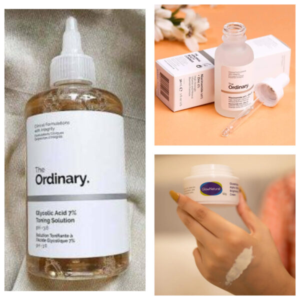 pack of 3 the ordinary glycolic acid (240ml) + the ordinary skin brightening niacinamide 10% zinc 1% serum (30ml) + glow natural glutathione alpha arbutin skin brightening cream (50g)