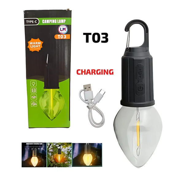 multi-purpose led rechargeable outdoor camping work light bulb with hook for hanging - t03