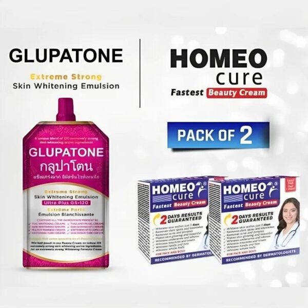 pack of 2 glupatone extreme strong skin whitening emulsion ultra plus gs-120 + homeo cure beauty cream