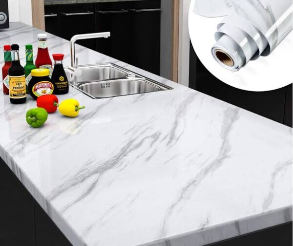 self adhesive white marble sheet for kitchen - anti oil and heat resistant wallpaper