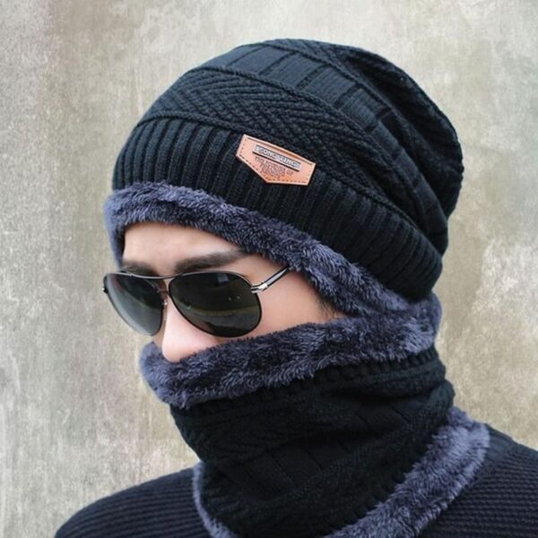 winter cap and neck elastic knitting thick fleece warm woolen beanie cap sport hat & neck scarf set 2 piece(random colors)