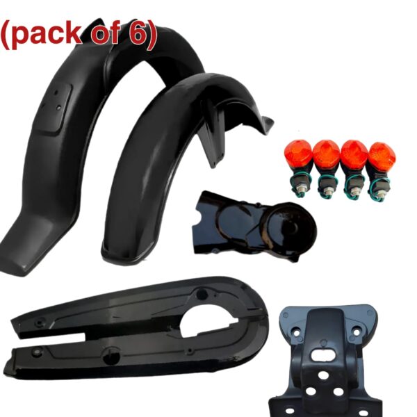 (pack of 6) plastic mudguards, chain cover and enjine cover(magnet tapa) 4 mini size indicator and break bracket for 70cc combo pack