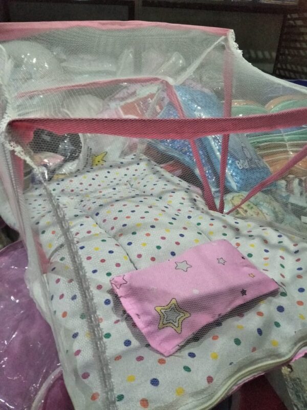 fancy baby sleeping bed  foldable baby  bed crib mosquito mat for baby  bed with pillow small size  (blue color )) - Image 12