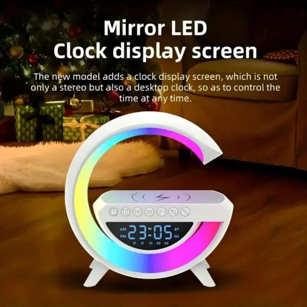 multi-functional led clock display speaker g lamp | led wireless charging speaker, g-shaped speaker light, bluetooth mp3 player, night light and alarm clock, for living room - Image 8