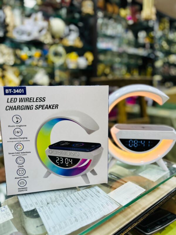 multi-functional led clock display speaker g lamp | led wireless charging speaker, g-shaped speaker light, bluetooth mp3 player, night light and alarm clock, for living room - Image 9