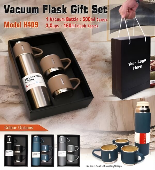 h-409 vacuum flask gift set with 3 stainless steel cups combo - 500ml - keeps hot/cold (random color)