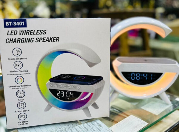 bt- 3401 multi-functional led clock display speaker g lamp | led wireless charging speaker, g-shaped speaker light, bluetooth mp3 player, night light and alarm clock, for living room