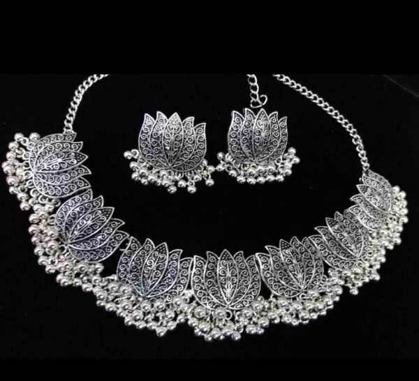 antique silver afghani flower choker necklace with earrings for women & girls - Image 8