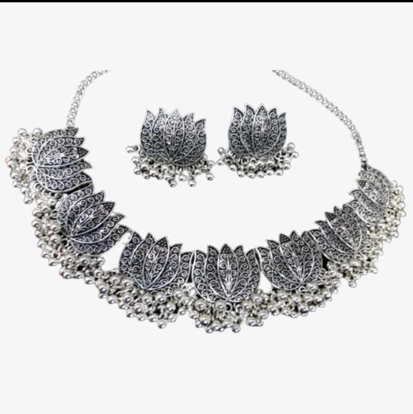 antique silver afghani flower choker necklace with earrings for women & girls - Image 10