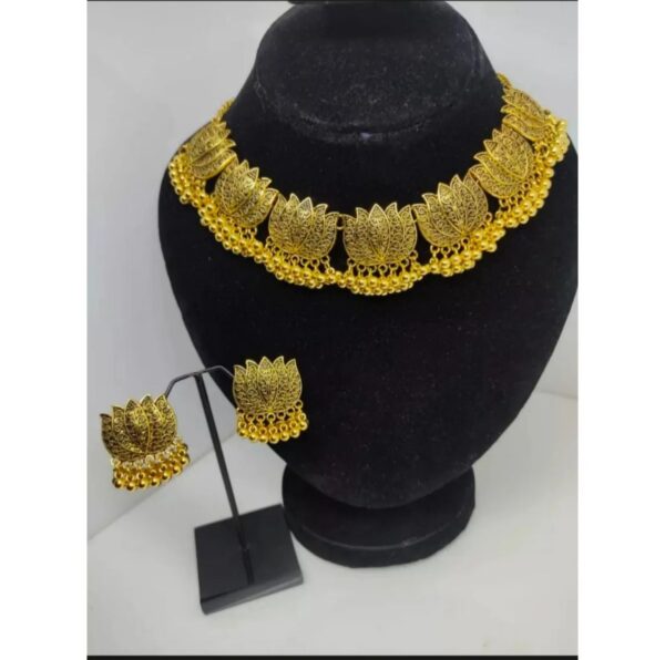 antique silver afghani flower choker necklace with earrings for women & girls - Image 3