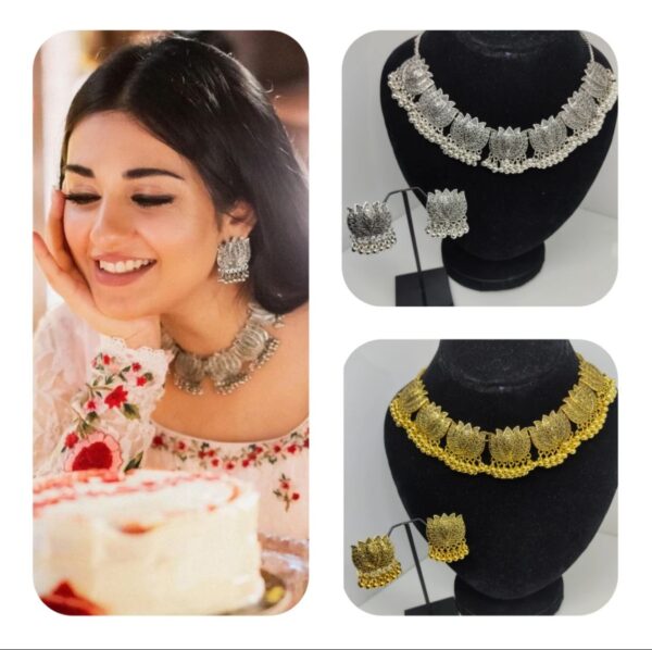 antique silver afghani flower choker necklace with earrings for women & girls - Image 5