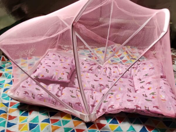 fancy baby sleeping bed  foldable baby  bed crib mosquito mat for baby  bed with pillow small size  (blue color )) - Image 2