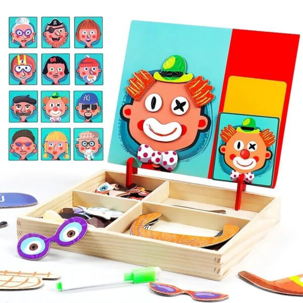 2in1 crazy face clown magnetic drawing board  | magnetic facial features magnetic jigsaw puzzle changing wooden children's toys learning toy for children