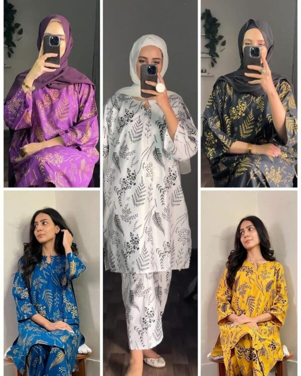 2 pcs women’s stitched petal print  linen  casual wear for women - Image 3