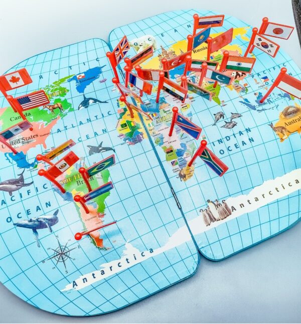 wooden world map with 30 (thirty) countries flags | world map puzzle with flags and capitals -kids wooden foldable national flags board learn geography, world map, countries, capitals, language for kids, toddlers and adults - Image 4