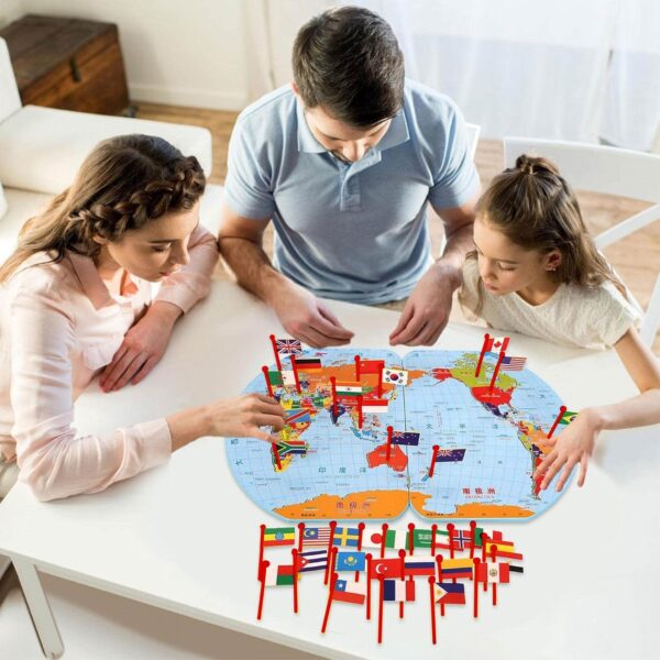wooden world map with 30 (thirty) countries flags | world map puzzle with flags and capitals -kids wooden foldable national flags board learn geography, world map, countries, capitals, language for kids, toddlers and adults - Image 6