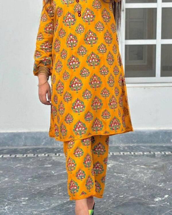 leaf print 2pc dress stuff: linen  print for girls - Image 2