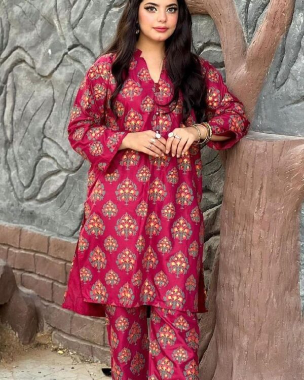 leaf print 2pc dress stuff: linen  print for girls - Image 9