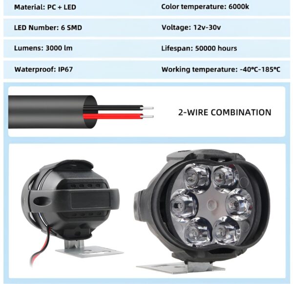 2pcs work lights 6 led motorcycle headlight spot light waterproof super bright auxiliary scooters universal 12v led bar - Image 3