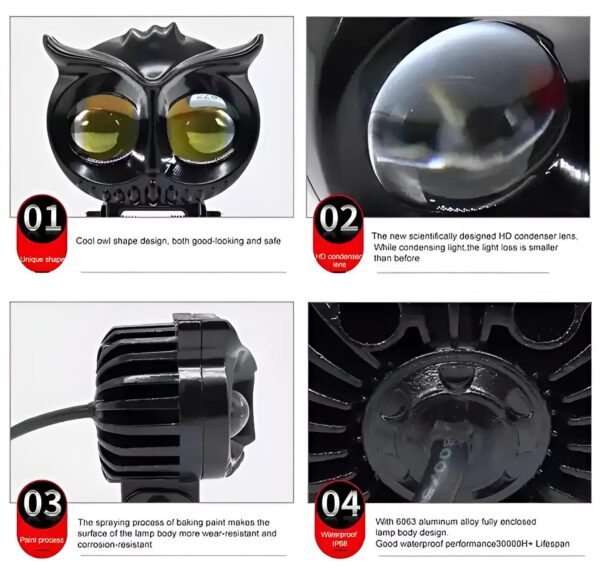 owl shape fog yellow-white & flash light low & high beam owl plastic body spot light for all cars and bikes 9v-60v 40w - Image 5
