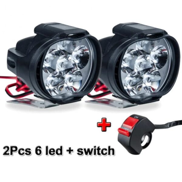 2 pcs motorcycle headlights plus switch led white super bright 6led working front light motorbike fog lamp 1600lm scooters spotlight