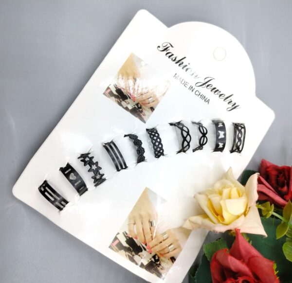pack of 10 adjustable multiple design ring set - black