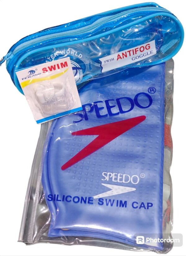 pack of 3 swimming  silicone cap + swimming googles ( anti fog) + nose clip + ear pin - Image 2