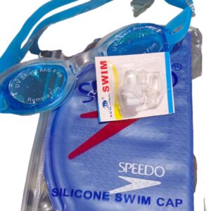 pack of 3 swimming  silicone cap + swimming googles ( anti fog) + nose clip + ear pin