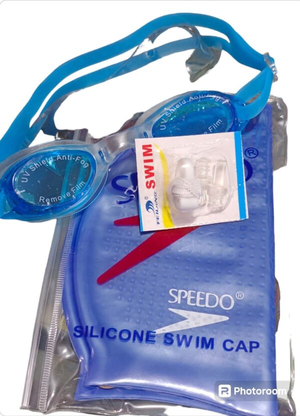 pack of 3 swimming  silicone cap + swimming googles ( anti fog) + nose clip + ear pin - Image 3