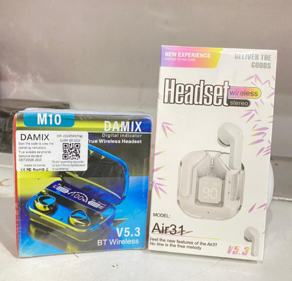 deal pack of 2 - m10 bluetooth earbuds damix & air 31 earbuds with silicone pouch (random color) - Image 3