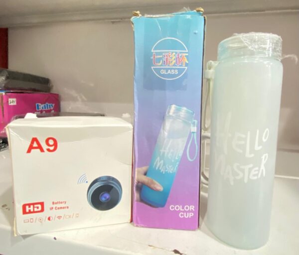 deal pack of 2 - a9 mini camera & frosted glass water bottle (random color) - Image 2