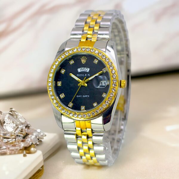 rolex luxury stone with date & day chain ladies wristwatch - Image 3