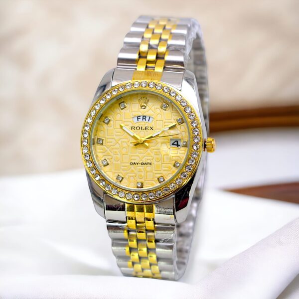 rolex luxury stone with date & day chain ladies wristwatch - Image 4
